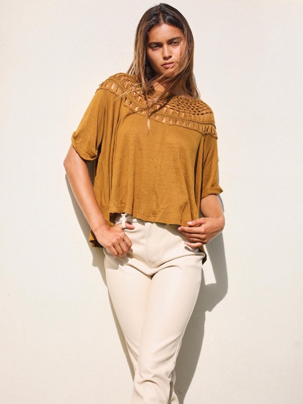 We The Free Colette Tee Crochet Neck Cropped Top in Olive